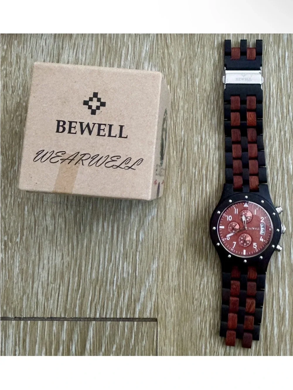 BEWELL W109D Men’s Wooden Watch Red Sandalwood Quartz New With Box